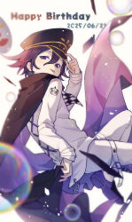 1boy 2025 absurdres adjusting_clothes adjusting_headwear arm_belt black_cape bubble cape checkered_clothes checkered_scarf clown_mask commentary danganronpa_(series) danganronpa_v3:_killing_harmony dated flipped_hair from_side hair_between_eyes happy_birthday hat highres kitano_yukiusagi long_sleeves looking_at_viewer male_focus mask oma_kokichi open_mouth pants peaked_cap purple_eyes purple_hair scarf short_hair simple_background solo thigh_strap tongue tongue_out two-tone_scarf unworn_mask