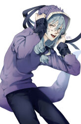 1boy absurdres adapted_costume air_(ai_r_) alternate_costume black_pants blue_eyes blue_hair cowboy_shot fake_tail hair_between_eyes hair_ornament hair_scrunchie heterochromia highres hood hood_pull hoodie jujutsu_kaisen long_hair low-tied_long_hair mahito_(instant_spirit_body_of_distorted_killing)_(jujutsu_kaisen) mahito_(jujutsu_kaisen) male_focus open_mouth pants purple_hoodie scrunchie signature simple_background solo stitched_arm stitched_face stitched_neck stitched_sleeves stitches tail teeth white_background yellow_eyes