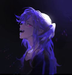 1girl ahoge bad_id bad_twitter_id blue_eyes braid dark_background dragon_girl fangs from_side hair_ornament hairclip head_wings highres light_rays looking_back medium_hair mockingbird0009 nijisanji nijisanji_en pointy_ears purple_eyes purple_hair purple_wings selen_tatsuki smile solo twin_braids virtual_youtuber wings