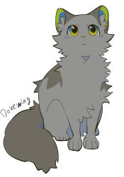 Rule 34 | animal, cat, character name, commentary, dovewing, green eyes, grey cat, looking up, minamia23, no humans, omen of the stars, simple background, sitting, solo, tail, warrior cats, white background