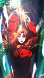 1girl absurdres arms_up black_hair blue_eyes coat colorful_background commentary crystal_sword english_commentary fate/stay_night fate_(series) heaven&#039;s_feel highres holding holding_sword holding_weapon long_sleeves open_mouth ramune_otubu red_coat solo sparkle sword tohsaka_rin weapon