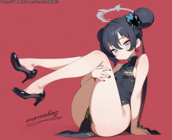 1girl absurdres artist_name black_dress black_hair black_nails black_shoes blue_archive breasts butterfly_hair_ornament china_dress chinese_clothes closed_mouth commentary_request double_bun dragon_print dress full_body grey_eyes grey_halo hair_bun hair_ornament halo hand_on_own_thigh high_heels highres holding_legs kisaki_(blue_archive) legs legs_up long_hair looking_at_viewer momobug22 pelvic_curtain pixiv_id print_dress shoe_dangle shoes sleeveless sleeveless_dress small_breasts solo thighs twintails