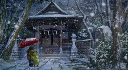 2others architecture beanie black_boots blue_pants boots box brown_jacket coat commentary_request donation_box east_asian_architecture ema facing_away green_coat handprint hat highres holding holding_umbrella hood hooded_coat jacket kosian multiple_others original outdoors pants pom_pom_(clothes) pom_pom_beanie red_umbrella rope shimenawa shrine snow snowing stairs tree umbrella winter