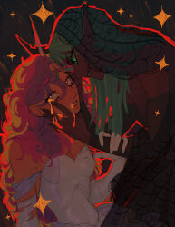 absurdres black_background black_dress black_skin colored_skin crying depresed-duck dress green_eyes green_hair hand_on_another&#039;s_arm hand_on_another&#039;s_face hand_on_another&#039;s_head highres looking_at_another looking_to_the_side multicolored_hair multiple_girls my_little_pony my_little_pony:_friendship_is_magic open_mouth pink_hair queen_chrysalis twilight_sparkle white_dress