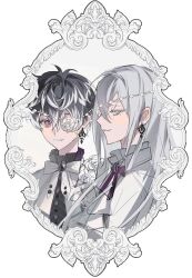 2boys black_hair black_shirt earrings eyepatch flower flower_over_eye from_side grey_eyes grey_hair hair_between_eyes highres jacket jewelry long_hair looking_at_viewer male_focus minirai0707 multicolored_hair multiple_boys one_eye_covered original pink_eyes purple_eyes ribbon rose shirt short_hair smile upper_body white_background white_flower white_rose white_shirt