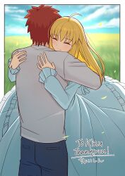Rule 34 | 1boy, 1girl, ahoge, artoria pendragon (fate), blonde hair, blue dress, blue pants, closed eyes, cloud, cloudy sky, commission, dress, emiya shirou, fate/stay night, fate (series), grass, hetero, highres, hug, medium hair, orange hair, pants, saber (fate), shintyoi2, shirt, signature, skeb commission, sky, tearing up, white shirt