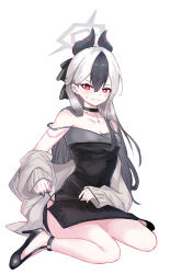1girl absurdres black_collar black_dress black_hair black_nails black_shoes blue_archive blush breasts cleavage closed_mouth collar collarbone commentary_request dress earrings full_body gradient_hair grey_hair grey_jacket hair_between_eyes halo handa_vega high_heels highres horns jacket jewelry kayoko_(blue_archive) kayoko_(dress)_(blue_archive) long_sleeves multicolored_hair nail_polish off_shoulder open_clothes open_jacket puffy_long_sleeves puffy_sleeves red_eyes shoes simple_background sitting sleeves_past_wrists small_breasts small_sweatdrop solo strap_slip sweat wariza white_background white_hair