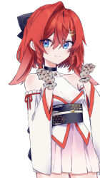 1girl alternate_costume ange_katrina animal_ears arm_ribbon ayuko_ammobium bare_shoulders black_bow black_sash blue_eyes bow braid braided_sidelocks breasts closed_mouth commentary_request cowboy_shot detached_sleeves dot_nose egasumi floral_print_gloves gloves hair_between_eyes hair_bow hair_ornament hairclip halter_shirt halterneck hands_up highres kemonomimi_mode lace lace_gloves light_blush long_sleeves looking_at_viewer lop_rabbit_ears medium_hair miniskirt nijisanji obi obijime pink_skirt print_sash rabbit_ears red_hair red_ribbon ribbon sash simple_background single_hair_intake skirt small_breasts smile solo unmoving_pattern virtual_youtuber white_background white_sleeves