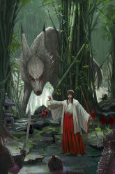 1girl 3boys adam_ryu_ford animal armor bamboo bamboo_forest black_hair forest grass hair_bun highres holding holding_polearm holding_sword holding_weapon imminent_fight japanese_armor japanese_clothes katana long_hair looking_at_another miko moss multiple_boys naginata nature original oversized_animal polearm rock samurai single_hair_bun stone_lantern sword weapon wolf