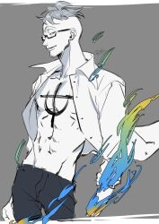 Rule 34 | 1boy, abs, anchor tattoo, beard stubble, chest tattoo, collared shirt, commentary request, cowboy shot, facial hair, floating clothes, glasses, highres, light smile, limited palette, looking at viewer, male focus, marco (one piece), one piece, open clothes, open shirt, rokurnshu003, shirt, short hair, signature, simple background, solo, stubble, tattoo