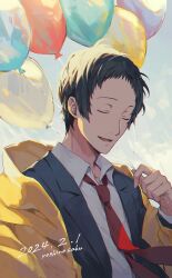 1boy adachi_tooru backlighting balloon black_hair black_jacket blue_sky business_suit closed_eyes coat_partially_removed collared_shirt commentary_request formal_clothes hand_up happy_birthday highres holding holding_balloon jacket lapels long_sleeves lower_teeth_only male_focus necktie notched_lapels open_clothes open_jacket open_mouth persona persona_4 raincoat red_necktie shirt short_hair sky smile solo suit suit_jacket teeth upper_body white_shirt wing_collar yellow_raincoat yoshino_saku