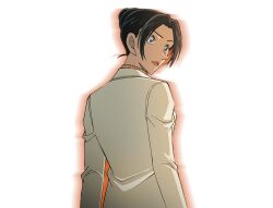 Rule 34 | 1girl, black hair, blue eyes, facing to the side, from behind, hair bun, jacket, lone nape hair, long sleeves, meitantei conan, official art, open mouth, single hair bun, solo, transparent background, uehara yui, upper body, white jacket