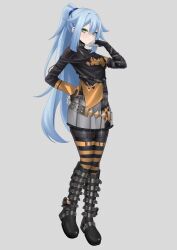 Rule 34 | 1girl, absurdres, alternate costume, arm strap, ashe (mega man), bardanv3, belt, blue hair, bodystocking, boot straps, boots, breasts, choker, commission, commissioner upload, eyelashes, fishnets, frilled skirt, frills, full body, gloves, goth fashion, green eyes, hand on own hip, highres, knee boots, long hair, looking at viewer, mega man (series), mega man zx, mega man zx advent, non-web source, off-shoulder shirt, off shoulder, petite, ponytail, shirt, skirt, small breasts, thigh belt, thigh strap, thighhighs, thighs, white background