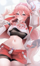 1girl absurdres alternate_costume animal_ears arms_up bike_shorts bike_shorts_under_shorts black_ribbon black_shorts black_sports_bra blush breasts clothes_writing commentary commentary_request cowboy_shot cropped_shirt fingernails floppy_ears fox_ears fox_girl genshin_impact hair_between_eyes hair_ribbon hairband highres jacket large_breasts long_hair long_sleeves looking_at_viewer micro_shorts midriff multicolored_jacket nail_polish navel nyamo-lv0 open_clothes open_jacket parted_lips pink_hair pink_hairband pink_nails ponytail purple_eyes red_jacket red_shorts ribbon shirt shorts simple_background skindentation smile solo sports_bra stomach sweat tassel thighs turtleneck turtleneck_shirt twitter_username two-tone_jacket whistle whistle_around_neck white_background white_jacket white_shirt yae_miko yae_miko_(pulse+)
