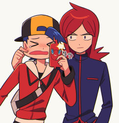 Rule 34 | &gt; &lt;, 2boys, backwards hat, baseball cap, black hat, black jacket, blue hair, blush, cheek pinching, chueog, closed eyes, closed mouth, commentary request, constricted pupils, cowlick, ethan (pokemon), gen 4 pokemon, hand up, hat, holding, holding phone, jacket, korean commentary, korean text, long sleeves, looking at another, male focus, medium hair, multiple boys, nintendo, open mouth, phone, pinching, pokemon, pokemon hgss, purple eyes, red hair, red jacket, rotom, rotom phone, short hair, silver (pokemon), simple background, tearing up, translation request, turtleneck, turtleneck jacket, wavy mouth, white background