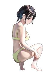 1girl absurdres ass bare_shoulders bikini black_hair blush breasts brown_eyes closed_mouth emutsuichi full_body hair_bun highres original short_hair sideboob simple_background small_breasts solo swimsuit white_background yellow_bikini