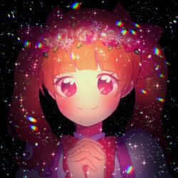 Rule 34 | 1girl, aisaki emiru, black background, blunt bangs, blush, bow, bowtie, brown hair, closed mouth, collared shirt, dot nose, dress, eyelashes, flower, happy, head wreath, hugtto! precure, interlocked fingers, leaf, light particles, long hair, nachuchoco, own hands together, pinafore dress, pink dress, pink eyes, pink flower, pink rose, precure, puffy sleeves, red bow, red bowtie, rose, shirt, simple background, sleeveless, sleeveless dress, smile, solo, straight-on, tareme, twintails, upper body, white flower, white shirt