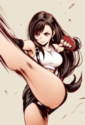 1girl bare_shoulders black_hair black_skirt breasts closed_mouth collarbone earrings female_focus final_fantasy final_fantasy_vii fingerless_gloves gloves highres jei_games jewelry kicking large_breasts legs long_hair low-tied_long_hair panties red_eyes red_gloves sidelocks skirt smile solo square_enix suspenders tank_top thighs tifa_lockhart tomboy underwear upskirt white_tank_top