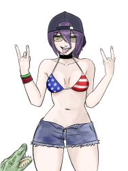 1girl alligator american_flag american_flag_print baseball_cap bikini black_choker black_hat blue_shorts breasts chainsaw_man choker commentary cosplay crocodilian denim denim_shorts english_commentary flag_print flag_print_bikini glasses grand_theft_auto grand_theft_auto_vi green_eyes hair_between_eyes hat highres looking_at_viewer navel open_mouth print_bikini purple_hair redneck_girl_(gta_vi) redneck_girl_(gta_vi)_(cosplay) reze_(chainsaw_man) short_shorts shorts simple_background small_breasts solo swimsuit teeth thebabalgam tongue tongue_out white_background wristband