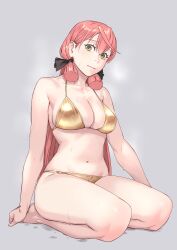 Rule 34 | 1girl, akashi (kancolle), alternate costume, arm support, bare arms, bare legs, bare shoulders, barefoot, bikini, black ribbon, blush, breasts, cleavage, closed mouth, collarbone, full body, green eyes, grey background, hair between eyes, hair ribbon, halterneck, highres, kantai collection, large breasts, long hair, looking at viewer, pink hair, ponytail, ribbon, sidelocks, simple background, sitting, solo, stomach, string bikini, sweat, swimsuit, thighs, tress ribbon, twintails, wariza, white background, yellow bikini, yellow eyes, yuuji (and)