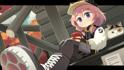 1girl absurdres animal_ear_headwear artist_name autumn_leaves baseball_cap black_boots black_gloves black_jacket black_pantyhose black_shorts blue_eyes blue_sky boots breasts cat cloud cup daku_k day fake_animal_ears feet_out_of_frame fingerless_gloves gloves goggles goggles_on_headwear hat highres holding holding_cup jacket lace-up_boots leaf letterboxed letterman_jacket long_sleeves looking_at_viewer low_twintails multicolored_hair pantyhose pink_hair shorts signature sitting sky small_breasts smile solo steam_(platform) steam_delivery_girl tree twintails white_sleeves wooden_house