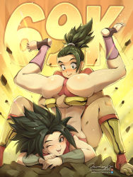 2girls ass black_hair blush bracer caulifla dragon_ball dragon_ball_super highres jammeryx kale_(dragon_ball) looking_at_viewer milestone_celebration multiple_girls panties piledriver_(wrestling) saiyan smile spiked_hair toeless_legwear top-down_bottom-up underwear wedgie yuri