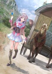 2girls atelier_(series) atelier_lulua blue_hair blue_sky boots breasts brown_hair carriage cover dress elmerulia_frixell full_body grey_hair hat highres holding holding_staff horse jacket kishida_mel long_hair mother_and_daughter multiple_girls nature official_art open_clothes open_jacket open_mouth outdoors rorolina_frixell shadow sky small_breasts smile staff video_game_cover walking