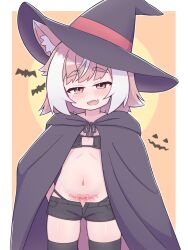 1girl :d animal_ears bat_(animal) black_bra black_cloak black_hat black_panties black_shorts black_thighhighs bra cloak fang flat_chest halloween halloween_costume hat highres looking_at_viewer medium_hair midriff multicolored_hair navel open_mouth original panties pink_eyes pink_hair pubic_tattoo roshi_to short_shorts shorts skin_fang smile stomach tail tattoo thighhighs two-tone_hair underwear white_hair witch witch_hat wolf_ears wolf_girl wolf_tail