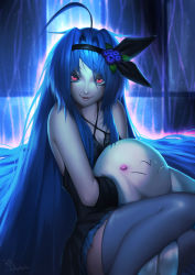 Rule 34 | &gt;:), 1girl, absurdres, ahoge, bare shoulders, blue hair, blush, breasts, chemise, cleavage, closed mouth, female focus, grey thighhighs, hair intakes, highres, long hair, looking at viewer, original, red eyes, small breasts, smile, solo, stuffed animal, stuffed toy, thighhighs, tollrin-senpai, tsurime, v-shaped eyebrows, very long hair