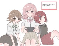 Rule 34 | 1boy, 2girls, :o, black shirt, blunt bangs, blush, breasts, brown skirt, brown sweater vest, danganronpa: trigger happy havoc, danganronpa (series), danganronpa 2: goodbye despair, danganronpa v3: killing harmony, dress shirt, fujisaki chihiro, galaga, handheld game console, highres, holding, holding handheld game console, large breasts, medium hair, multiple girls, nanami chiaki, neck ribbon, nintendo switch 2, no jacket, pink eyes, pink hair, pink ribbon, pleated skirt, pote (pote 39), red hair, red skirt, ribbon, shirt, simple background, skirt, sweater vest, trap, two-tone shirt, white background, white shirt, yumeno himiko