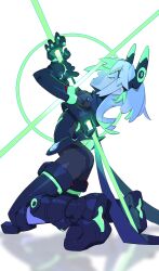 1girl absurdres black_shirt cheri_zao from_side full_body glowing green_eyes grey_hair highres impaled kneeling medium_hair midoriko_(cheri_zao) original shirt simple_background solo white_background