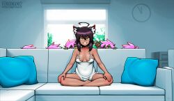 6+girls analog_clock animal_ear_fluff animal_ears artist_name breasts butterfly_sitting cat_ears cat_girl clock colored_skin couch dress female_goblin fenixman12 full_body goblin green_skin hair_between_eyes hiding highres large_breasts looking_at_viewer medium_hair meme mole mole_under_eye multiple_girls on_couch open_mouth original pillow pink_hair piper_perri_surrounded_(meme) purple_hair sitting smile teeth white_dress yellow_eyes