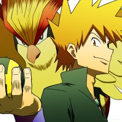 1boy black_shirt blue_oak brown_eyes closed_mouth copyright_name gen_1_pokemon glint highres holding holding_poke_ball jewelry kuroki_shigewo male_focus necklace nintendo orange_hair pidgeot poke_ball pokemon pokemon_(creature) pokemon_frlg popped_collar shirt smile spiked_hair ultra_ball upper_body wristband