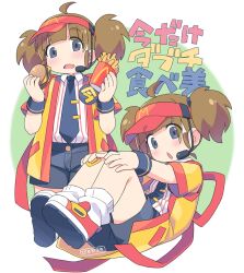 1girl :o ahoge badge bandaid bandaid_on_knee bandaid_on_leg blue_eyes blue_necktie blue_shorts blush brown_hair burger button_badge collared_shirt employee_uniform fast_food food french_fries full_body hands_on_own_knees hat headset hiro_hiroki holding holding_food imadake_dabuchi_tabemi looking_at_viewer mcdonald&#039;s microphone multiple_views necktie no_nose open_mouth red_footwear red_hat shirt shirt_tucked_in short_hair short_sleeves short_twintails shorts sidelocks socks striped_clothes striped_shirt tie_clip twintails visor_cap white_shirt white_socks wristband yellow_happi