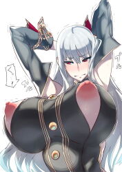 00s 1girl areola_slip armpits arms_behind_head arms_up blush breasts bursting_breasts clenched_teeth covered_erect_nipples detached_sleeves highres huge_breasts long_hair nipples nuezou nursing_clothes red_eyes selvaria_bles senjou_no_valkyria_(series) silver_hair simple_background solo sweat teeth third-party_edit torn_clothes translation_request trembling upper_body white_background