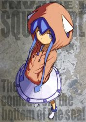 1girl blue_eyes dress english_text female_focus full_body hands_in_pockets hood hoodie ikamusume jeet segayuusuke shinryaku!_ikamusume solo tentacles