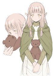 1girl arm_guards blonde_hair blunt_bangs blush cloak dungeon_meshi elf frs2 gorget green_cloak hair_tubes highres long_hair looking_at_viewer low-tied_sidelocks milsiril_(dungeon_meshi) multiple_views own_hands_together pointy_ears robe sidelocks simple_background stuffed_animal stuffed_toy teddy_bear uniform white_background white_robe yellow_eyes