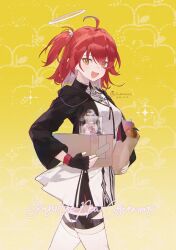 1girl :d absurdres ahoge apple arknights artist_name bag black_gloves black_jacket box braid cake character_name cropped_jacket dated dress english_text eru_daydream exusiai_(arknights) exusiai_the_new_covenant_(arknights) fingerless_gloves food fruit gloves gradient_background halo highres holding holding_bag holding_box jacket looking_at_viewer open_mouth paper_bag red_hair short_hair single_braid smile solo swiss_roll thighhighs white_dress white_thighhighs yellow_background yellow_eyes