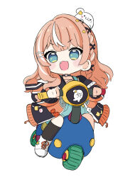 1girl :d animal black_bow black_socks blue_dress blue_eyes blush_stickers boots bow braid brown_hair brown_jacket chibi commentary dress driving fang full_body hair_bow hair_ornament highres igarashi_rika igarashi_rika_(1st_costume) jacket kneehighs long_hair long_sleeves mario_(series) mario_kart mario_kart_8 mr._scooty_(mario) multicolored_hair nijisanji nintendo nozo_(hitomiz) open_clothes open_jacket open_mouth puffy_long_sleeves puffy_sleeves seal_(animal) simple_background smile socks solo star_(symbol) star_hair_ornament streaked_hair virtual_youtuber white_background white_boots white_hair