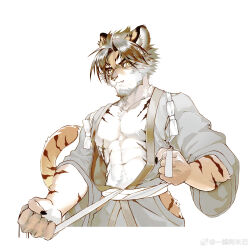 1boy abs aged_down animal_ears arknights chinese_commentary claws closed_mouth commentary_request fang fang_out furry furry_male highres huai_tianpei_(arknights) looking_at_viewer male_focus muscular muscular_male open_clothes open_shirt pectorals tail tiger_boy tiger_ears tiger_stripes tiger_tail watermark weibo_watermark white_background yi_tan_a_mi_ba