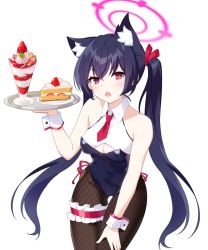 1girl absurdres alternate_costume animal_ears bad_id bad_twitter_id blue_archive blush breasts cat_ears cleavage fang highres kittysuit leotard long_hair looking_at_viewer nontraditional_playboy_bunny open_mouth playboy_bunny pn_(wnsl216) red_eyes serika_(blue_archive) simple_background solo twintails very_long_hair white_background