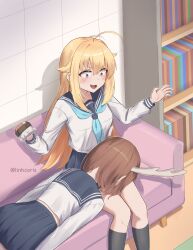 2girls absurdres ahoge antlers blonde_hair blue_neckerchief blue_sailor_collar blue_skirt book bookshelf brown_hair couch deer_antlers deer_girl highres holding holding_brush horns indoors koshi_torako lap_pillow linhcoris multiple_girls neckerchief on_couch purple_eyes sailor_collar shikanoko_noko shikanoko_nokonoko_koshitantan short_hair skirt yuri