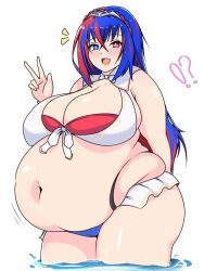 !? 1girl belly big_belly bikini blue_eyes blue_hair blush bow bowtie bracelet braid breasts cameltoe cleavage crossed_bangs crown crown_braid fat fat_woman female_alear_(fire_emblem) fire_emblem fire_emblem_engage frilled_bikini frills front-tie_top hair_between_eyes heterochromia highres huge_breasts in_water jewelry large_breasts layered_bikini long_hair muffin_top multicolored_hair navel nintendo obese open_mouth red_eyes red_hair skindentation smile solo standing swimsuit two-tone_hair usagirin v w whale_tail_(clothing) white_background