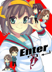 2boys 3girls adjusting_eyewear asahina_mikuru bad_id bad_pixiv_id bespectacled black_cardigan black_pants black_socks blue_sailor_collar brown_hair cardigan chibi glasses hair_ribbon jacket kita_high_school_uniform koba koizumi_itsuki kyon long_hair looking_at_viewer maid maid_headdress multiple_boys multiple_girls nagato_yuki pants ribbon sailor_collar school_uniform shirt short_hair sitting smile socks standing suzumiya_haruhi suzumiya_haruhi_no_yuuutsu wariza white_shirt winter_uniform yellow_ribbon