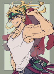 Rule 34 | 1boy, bare arms, black headband, blonde hair, blue eyes, border, fate/grand order, fate (series), green background, grin, headband, holding, holding jacket, holding unworn clothes, jacket, looking at viewer, male focus, muscular, muscular male, official alternate costume, official alternate hairstyle, pectorals, ponytail, sakata kintoki (exhibition attire) (fate), sakata kintoki (fate), sakata kintoki (heian warrior attire) (fate), sidepec, simple background, smile, solo, tank top, unworn jacket, veins, veiny arms, white tank top, zanshi