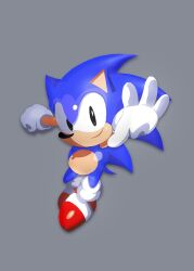 Rule 34 | 1boy, animal ears, black eyes, blue fur, clenched hand, gloves, hedgehog, highres, leaning forward, machinster, open hand, pointy ears, reaching, reaching towards viewer, red shoes, shoes, simple background, smile, snout, solo, solo focus, sonic (series), sonic the hedgehog, sonic the hedgehog (classic), spiked hair, tail, white gloves