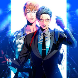 2boys black_hair black_neckwear brown_hair busujima_rio_mason camouflage camouflage_jacket formal_clothes frown glasses gloves hand_up holding holding_microphone hypnosis_mic hypnosis_mic:_rule_the_stage iruma_jyuto jacket male_focus microphone multiple_boys necktie open_mouth red-framed_eyewear red_gloves standing suit vivienne9westwood walkie-talkie