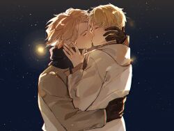 2boys absurdres axis_powers_hetalia blonde_hair closed_eyes coat cubed_(houkuaid) facial_hair france_(hetalia) gloves goatee_stubble highres kiss male_focus medium_hair multiple_boys night night_sky scarf short_hair sky stubble thick_eyebrows united_kingdom_(hetalia) upper_body winter_clothes yaoi