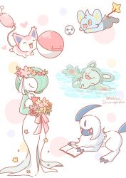 absol afloat animal_focus artist_name asakoline ball book bouquet cat claws closed_eyes colored_skin commentary_request ditto flower forehead_jewel gardevoir gen_1_pokemon gen_3_pokemon gen_4_pokemon gen_5_pokemon green_hair head_wreath heart highres holding holding_bouquet horns mane nintendo no_humans open_book open_mouth pokemon pokemon_(creature) polka_dot polka_dot_background reading reuniclus shinx single_horn skitty soccer_ball standing tail transformed_ditto voltorb water white_background white_fur white_skin yellow_eyes