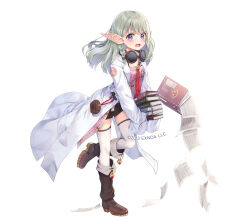 1girl black_shorts blush book book_stack boots braid brown_boots commentary_request dress fold-over_boots goggles goggles_around_neck grey_hair highres holding holding_book lab_coat long_hair long_sleeves looking_at_viewer official_art open_clothes open_mouth pink_dress pointy_ears purple_eyes sennen_sensou_aigis short_shorts shorts simple_background sleeves_past_fingers sleeves_past_wrists solo standing standing_on_one_leg thighhighs thighhighs_under_boots tsuchikure white_background white_thighhighs
